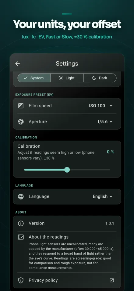 Settings showing the film speed and aperture used for EV, a calibration offset slider at 0%, and the app version.