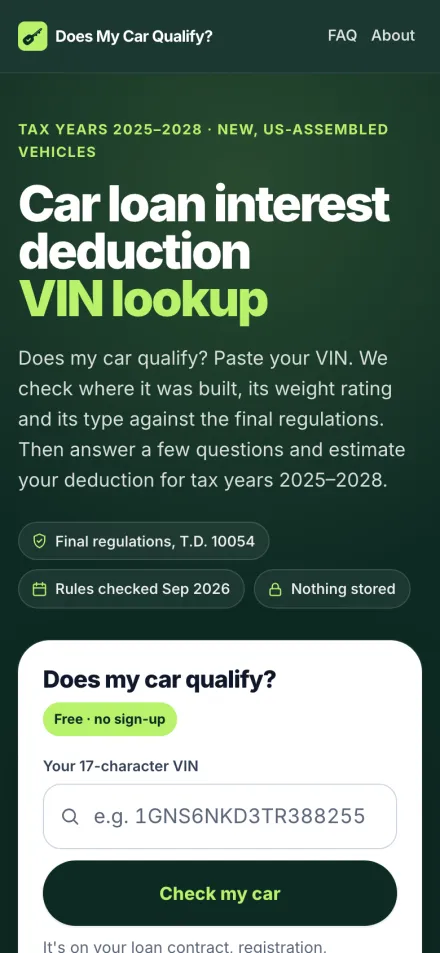 The car loan deduction checker on a phone, with the VIN field.