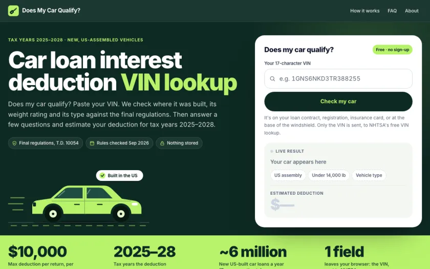 The car loan interest deduction checker on a desktop browser.