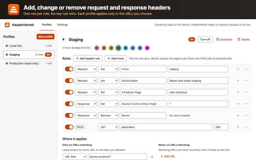 The Staging profile's rule list: five header rules (set, remove) and one API mock rule, each editable, with a filter below for which URLs they apply to.